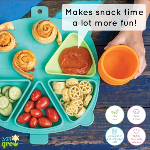 Silicone On-The-Go Snack Mat – Foldable Reusable Placemat with 3 Compartments and Lids – Travel-Friendly Baby and Toddler Snack Plate – Dishwasher Safe (Aqua) - color: Aqua