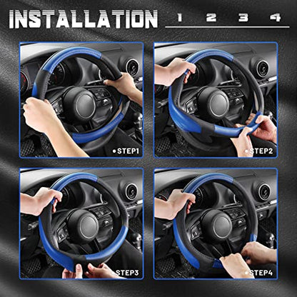 SEG Direct Car Steering Wheel Cover for Prius Civic Model 3 Model Y Camaro, Small Size 14-14.25 inch, Black and Blue Microfiber Leather - color: Black and Blue, size: Small size[14''-14 1/4'']