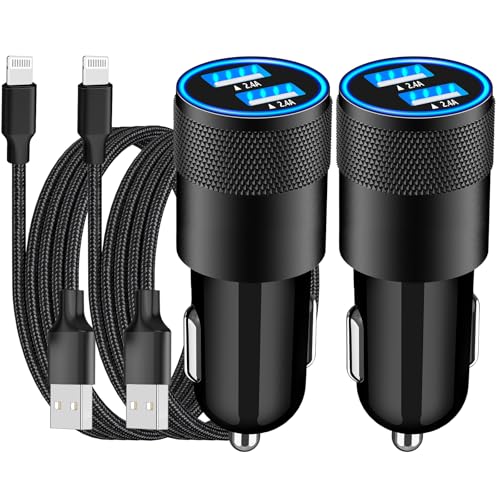 [Apple MFi Certified] iPhone Fast Car Charger, Braveridge 2Pack 4.8A Dual USB Car Power Cigarette Lighter USB Car Carplay Charger with Lightning Braided Cable for iPhone 14 13 12 11 Pro XS XR X 8 iPad - color: Carbon Black