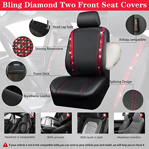 CAR Pass Bling Car Seat Covers Full Set, Shining Rhinestone Diamond Waterproof Faux Leather, Rear with Zipper, Universal Fit Automotive Glitter Crystal Sparkle Strips for Women Girl, Black Red - color: Red Diamond, size: Full Set