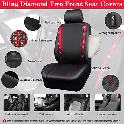CAR Pass Bling Car Seat Covers Full Set, Shining Rhinestone Diamond Waterproof Faux Leather, Rear with Zipper, Universal Fit Automotive Glitter Crystal Sparkle Strips for Women Girl, Black Red - color: Red Diamond, size: Full Set