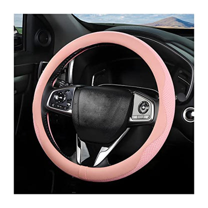 Car Steering Wheel Cover, Microfiber Breathable Ice Silk Leather Steering Wheel Cover Soft Anti-Slip Safety, 15inch Four Season Universal Fits for Most Truck,SUV,Cars (Pink) - color: Pink