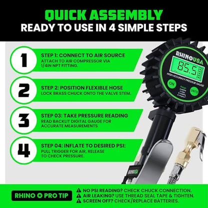 Rhino USA Digital Tire Pressure Gauge with Inflator (0-200 PSI) - Heavy Duty Air Chuck and Compressor Accessories with Stainless Braided Hose, Large 2" Dial and Solid Brass Hardware for Truck and RV - style: 200psi Digital