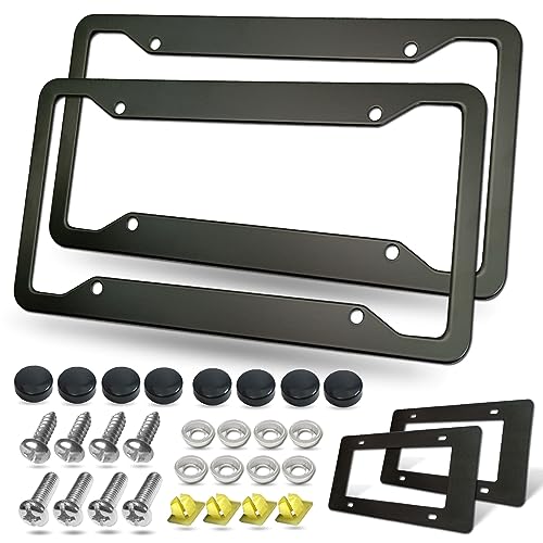 BGGTMO Matte Black Aluminum License Plate Frames- 2 Pack Heavy Duty Car Tag Cover for Front & Rear, 4 Hole Rust Proof Universal Holder, Mount Screws Caps, Inserts, Rattle Proof Pads - color: Black Aluminum-4 Hole