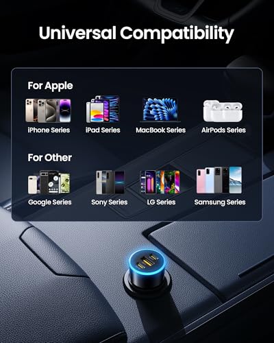 PISEN 60W USB C Car Charger - Car Phone Charger Adapter PD30W & QC3.0 Fast Charging, Car USB Charger Multi Port, Cigarette Lighter USB Charger, Car Charger with LED for iPhone 17/16/15/14/13/12 Series