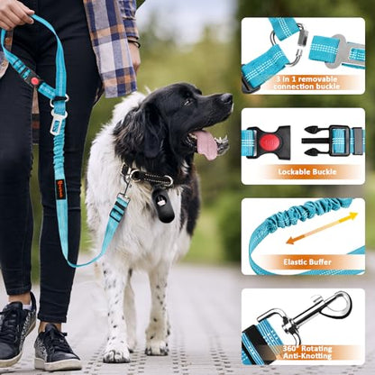 Removable Dog Seat Belt Harness for Car, 3 in 1 Pet Dog Car Seatbelt Leash, Retractable Restraint Secures to Vehicle Headrest & Adjustable Reflective Bungee Dog Seatbelt Tether, Blue and Black - color: Black+Blue