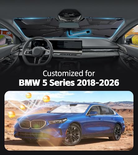 Windshield Sun Shade for BMW 5 Series 2018-2026 with 360° Rotating Shaft, Custom Fit Umbrella Sunshade for UV Blocking, Interior Heat Protection, Easy Storage - size: Fit for BMW 5 Series 2018-2026