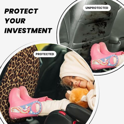 Leopard Print Car Seat Back Protectors 2 Pack – Large Kick Mats with Storage Pockets, Universal Fit for Most Vehicles