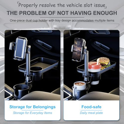 Car Cup Holder Tray, 4 in 1 Drink Holder Expander with Expandable Food Tray Table, for Road Trip Essentials & Daily Commute (Tray(9.05" * 5.7"))