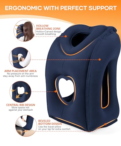 Sunany Travel Pillow, Upgraded Plane Pillow for Long Flights, Inflatable Neck Pillow Used for Airplanes,Cars,Buses,Trains,Office Napping with Eye Mask,Earplugs (Blue) - color: Blue (Head Heart-shape&sloping Base)
