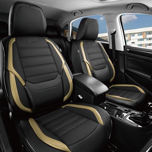 Skechers MAX Cushioning Seat Covers,Memory Foam Leather Car Seat Covers,Waterproof Car Seat Protector Front Seats,Car Seat Cushion Airbag Automotive Universal Fit for Most Cars,Vans,Trucks,SUV,Beige - color: Black and Beige, size: Front Seats Coverage