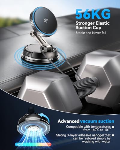 Q2 15W for Magsafe Car Mount Charger, [78+LBS Stronger Vacuum Suction] 360° Adjustable & Fast Charging Magnetic Phone Holder for Vent/Dashboard/Windshield/All Car Surface
