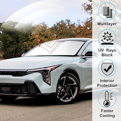 Windshield Sun Shade Custom Fit 2025 2026 Kia K4 Accessories Foldable Sunshade Front Window Shades Covers Protect Car from Sun Rays & Heat Damage Keep Car Cooler - size: For Kia K4 2025-2026