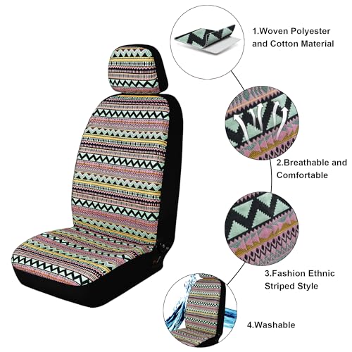 Baja Saddle Blanket Car Seat Covers, Boho Striped Woven Front Seat Protectors, Breathable & Washable Interior Covers, Universal Fit for Most Cars SUVs Trucks, Airbag Compatible, Pink, 8 pcs. - color: PINK
