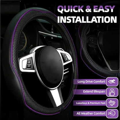 NBTEPEM Customized Auto Car Steering Wheel Cover for Toyota, Microfiber Leather Steering Wheel Covers with Anti-Slip Lining, Breathable, Safety, Soft, Sports Style (Black with Purple Line) - color: Black with Purple Line