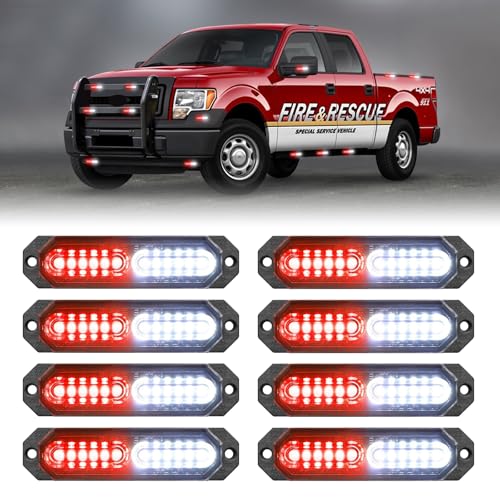 HLauto 1200T Emergency Strobe Grille Lights: 8pcs 12 LED Sync Feature Safety Warning Flashing Lights, Ultra Slim Surface Mount Hazard Caution Lights for Trucks, Vehicles, Car, ATV, UTV (Red White) - color: Red/White