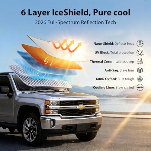Upgraded Windshield Sun Shade for Chevrolet Silverado 1500, Ram-1500 & Sierra [Nano Ice-Crystal Cooling, 99.9% Sun Protection] Foldable Sunshade with Storage Bag, Car Accessories, M(64 x 32 in) - size: M| 64"L x 32"W