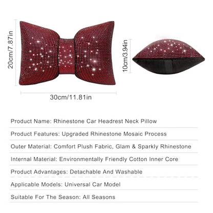 surpassme 2PCS Rhinestone Car Headrest Neck Pillow for Driving with Bling Bling Crystal Bow Pillow Car Accessories for Women (Red) - color: 2 Red Pillows