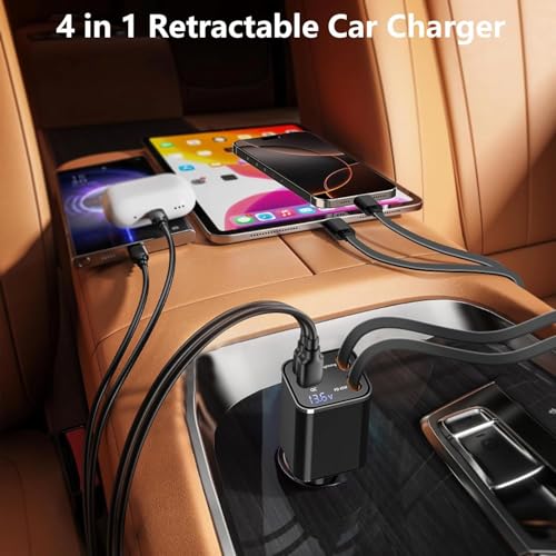 Retractable Car Charger, 120W 4-in-1 USB-C & Lightning Fast Charge Car Phone Charger, Dual Retractable Cable for iPhone 17/16/15/14/13/12 Samsung Travel Essentials Gifts for Women Men - color: Lightning & USB-C Cable
