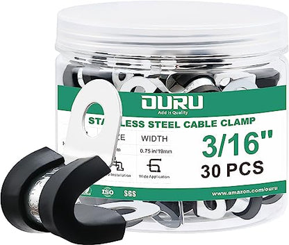 OURU 30pcs 3/16 Inch Cable Clamp,304 Stainless Steel Rubber Coated Cushioned Insulated Cable Clamps-Metal Wire Clamps,Pipe Clamps for Tube,Lines(Black,5mm) - size: 30pcs - 3/16"