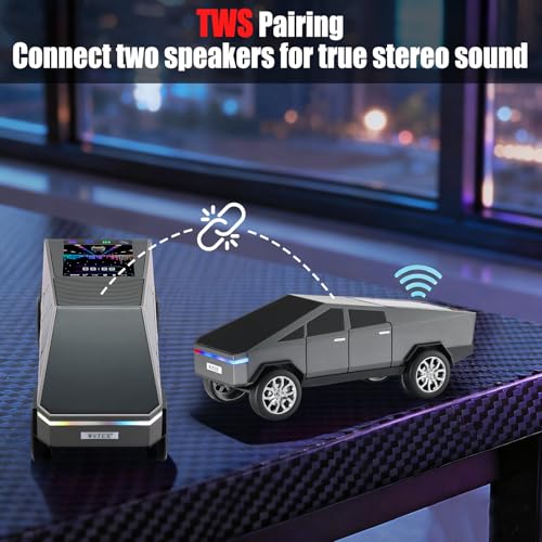 Futuristic Truck Bluetooth Replica Speaker with LED Display Screen – Portable Future-Style Audio with TWS Link, FM Radio, LED Lighting and Built-in Mic, For Every Technology and Truck Lover (Gray) - color: Gray