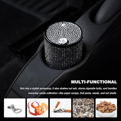 Bling Car Ashtray with Lid, Rhinestones Fireproof Auto Cup Holder Cigarette Ash Tray, Smokeless Crystal Diamond Ashtray Mini Trash Can for Women Girls, Car Accessories (Red) - color: Red