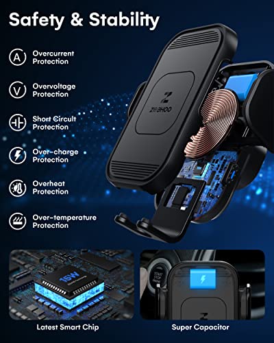 ZeeHoo Wireless Car Charger, 15w Fast Charging, Auto Clamping Car Phone Mount, Cell Phone Holder Charger, for iphone17 16 15 14 13 12 11 Pro Max Xs, Etc. (Black) - color: Black