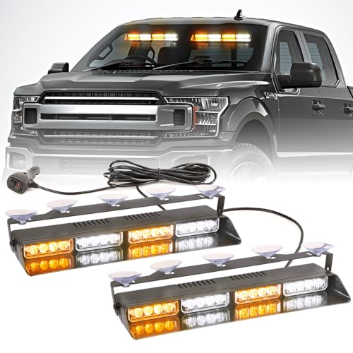 2 in 1 LED Emergency Dash Strobe Light Bar Front/Rear Windshield Safety Flashing Warning Hazard Interior Lights for Police Firefighter Construction Vehicles Trucks (2x14 inch, Amber/White) - color: #01 Amber/White