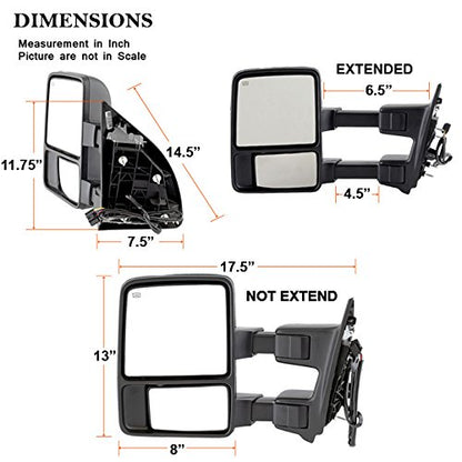 AKKON - For 08-16 Ford SuperDuty Extendable Towing Power Telescoping Wide Angle Side Mirrors Left + Right - size: Driver and Passenger Sides