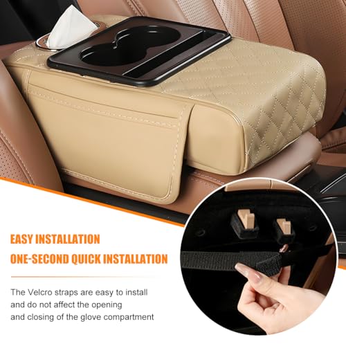Car Armrest Cushion, 5-in-1 Nappa Leather Vehicle Centre Console Cover with 2 Storage Pockets, Cup Phone & Phone Holder, Multifunctional Auto Organiser Accessories, Universal Fit (Beige) - color: Beige