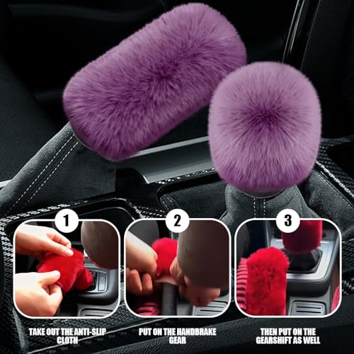 2PCS Plush Car Gear Shift Knob Cover & Handbrake Cover, Shift Knob Protector, Soft Fluffy Gear Handbrake Protective Sleeves, Shifter Lever Brake Handle Warm Plush Set for Cars (Grape Purple) - color: Grape Purple
