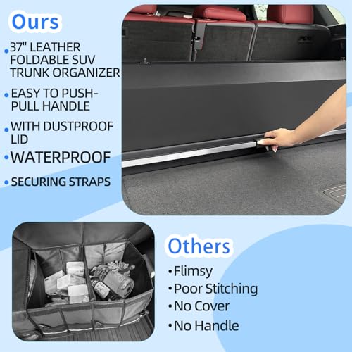 Trunk Organizer for SUV, Leather Car Organizers and Storage with lid & Sturdy Handle, Waterproof Hard Car Trunk Storage Box for Sedan, Travel, Grocery, Daily (Black, 37''*11.41''*12.5'') - size: Standard