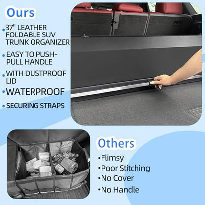 Trunk Organizer for SUV, Leather Car Organizers and Storage with lid & Sturdy Handle, Waterproof Hard Car Trunk Storage Box for Sedan, Travel, Grocery, Daily (Black, 37''*11.41''*12.5'') - size: Standard