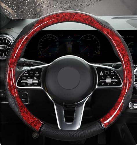 Peach Wood Grain Steering Wheel Cover Anti-Slip Breathable Durable Leather Four Seasons Universal 15 Inch Car Wrap Cover (Red) - color: Red