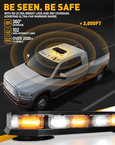 HLauto 406D Rooftop Emergency Strobe Lights Bar, 102 LED Amber White Mini Beacon Safety Flashing Warning Traffic Lights Bar w/Magnetic Base for 12-24V Trucks, Construction Vehicles, Snowplow, Cars - color: Amber/White