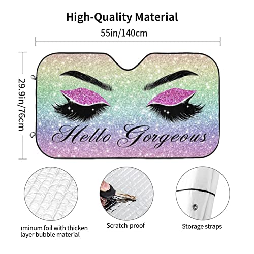 Car Windshield Sun Shade Glittering Purple Eyelash Car Front Sunshade for Most Sedans SUV Truck Auto Sun Blocker Visor Blocks UV Rays Keeps Your Vehicle Cool-55 x 29.9 Inch - color: Hello Gorgeous