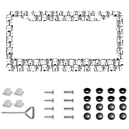 1Pcs Black and White Hand Drawn Cartoon Dog License Plate Frames Cover Holders Stainless Steel Cartoon Dog License Plate Cover with Screw Caps Cover and Screwdriver Set - 2-Hole… - color: Black and White Hand Drawn Cartoon Dog