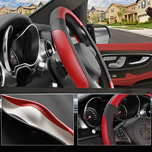 SEG Direct Car Steering Wheel Cover Universal Standard Size 14.5-15 inch, Black and Red Microfiber Leather - color: Black and Red, size: Standard size[14 1/2''-15'']