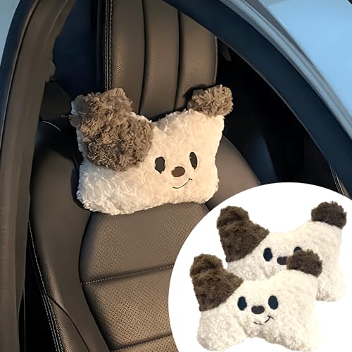 Car Headrest Pillow 2PCS Plush Neck Support for Comfortable Driving Cute Cartoon Dog Car Decor Soft Cozy Travel Companion - color: White-brown