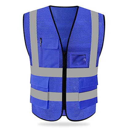 HYCOPROT High Visibility Mesh Safety Reflective Vest with Pockets and Zipper, Meets ANSI/ISEA Standards - color: Blue, size: Medium