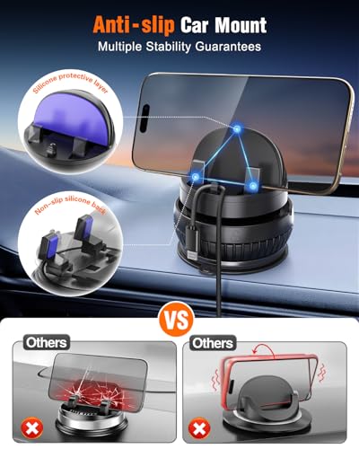 pop-tech Car Suction Dashboard Phone Holder:【360° Rotating & 30° Adjustable】 Vacuum Suction Cup Cell Phone Mount with Anti-Slip Spring Snap, Vehicle Dash Mobile Stand for iPhone Samsung, GPS Device