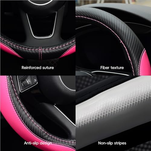 LABBYWAY Microfiber Leather Auto Car Steering Wheel Cover, Universal Fit 15 Inch Anti-Slip Wheel Protector, Pink - color: Fiber Pink