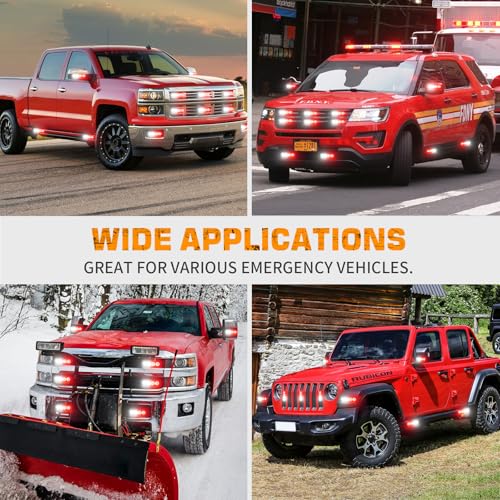 XRIDONSEN 8PCS Sync Grill Emergency Lights 32 LED Red White Firefighter Lights Grille Surface Mount Strobe Flashing Warning Safety Hazard First Responder Light for Vehicles POV Fire Fighter Trucks - color: Red/White