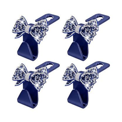 Zpana Bling Car Headreat Hook, 2PCS Crystal Rhinestone Cute Bow Vehicle Seat Back Hanger Storage for Purses Bags Grocery, Diamond Auto Rear Seat Organizer, Universal for SUV Truck Sedan (Blue) - style: Blue/4PCS