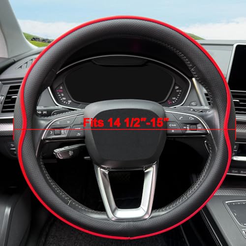 HAOTULE Leather Steering Wheel Cover， with Anti-Slip Stripe Design - Enhanced Grip, Fashion Style, Safe, Non-Slip, Breathable. Upgrade car Interior，Black red - color: Black red