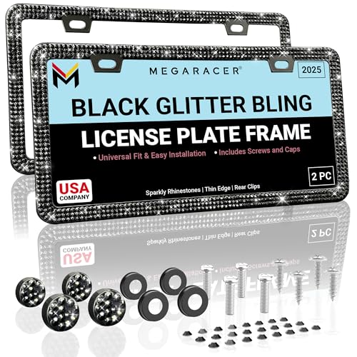Elegant Bling License Plate Frames for Women - 2 Pack, 1600 Premium Black Rhinestones, Rust-Free Stainless Steel, Street Legal Slim Design, Sparkly Diamond Car Tag Holders with Glitter Crystal Caps - color: Black, size: 2 Piece
