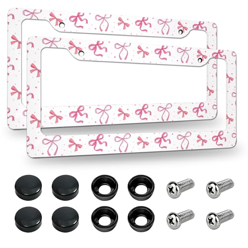 2 Pack License Plate Frames, Pink Bowknot License Plate Cover, Universal US Stainless Steel License Plate Holder with Screws for Women Men - color: Pink Bowknot