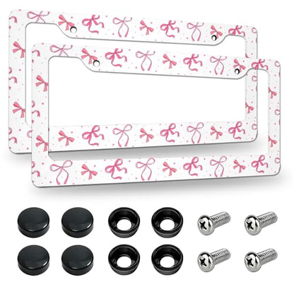 2 Pack License Plate Frames, Pink Bowknot License Plate Cover, Universal US Stainless Steel License Plate Holder with Screws for Women Men - color: Pink Bowknot