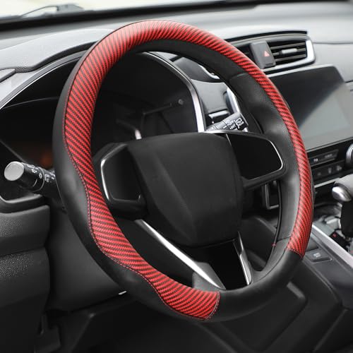 Auto Dynasty Steering Wheel Cover, Breathable Microfiber Leather Car Steering Wheel Protector with Red Black Carbon Fiber Stitching, Anti-Slip, [14 1/2 to 15 Inches] Universal Fit Cars Trucks SUVs - color: Carbon Fiber Red A