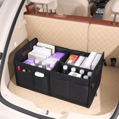 Car trunk storage box Foldable sedan SUV Universal outing travel good goods Multi compartment partition with handle (brown) - color: brown